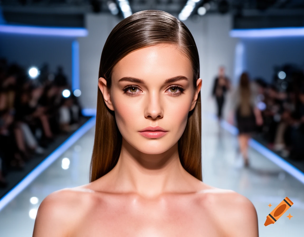 Close-up photorealistic portrait of a female model with sleek hair and natural makeup on a blurred fashion runway.