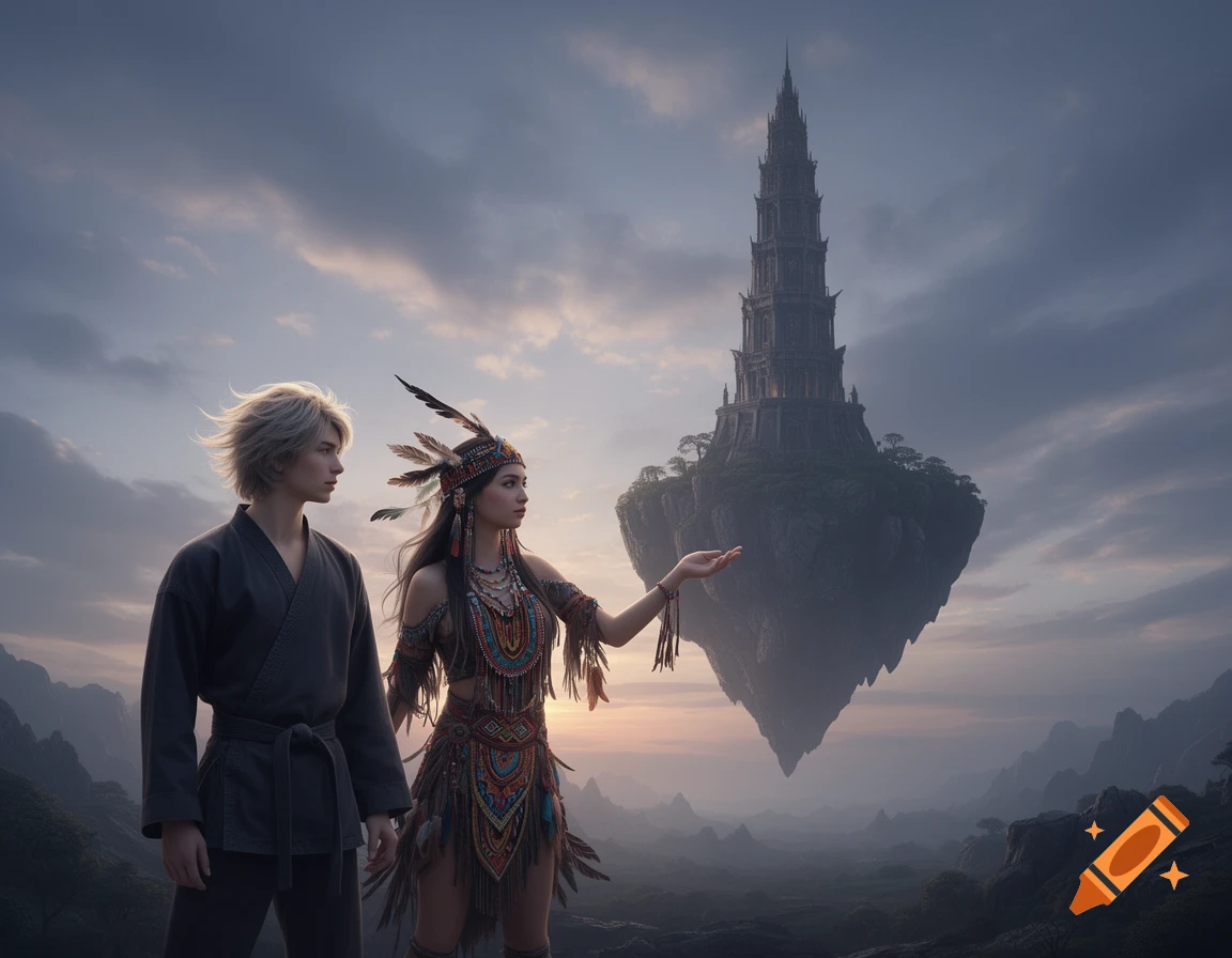 A young man in a martial arts uniform and a woman in tribal attire stand before a dark fantasy tower on a floating island in a misty landscape.
