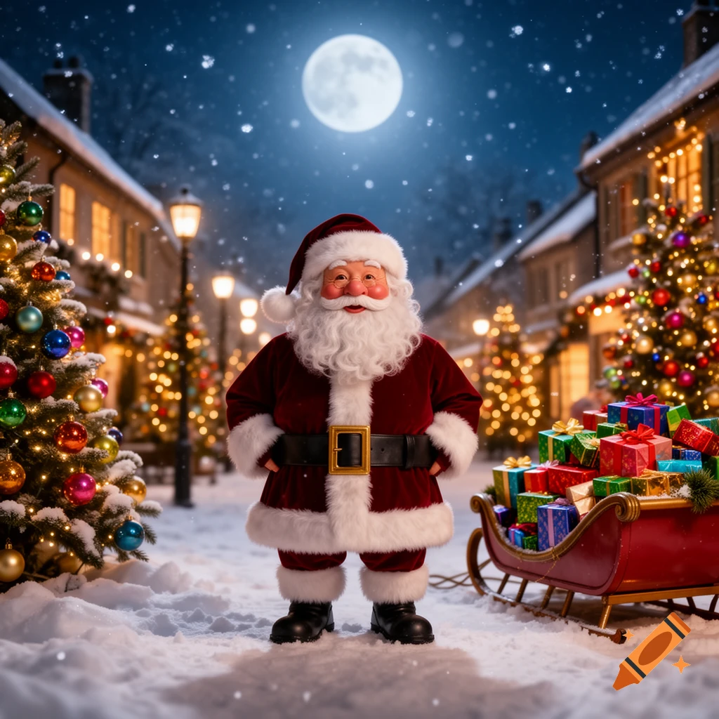 Santa Claus in a snowy village street at night, with a full moon, festive lights, and a sleigh filled with gifts.