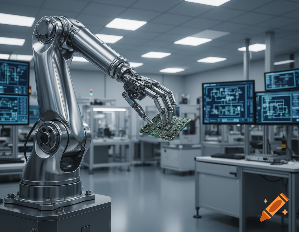 Photorealistic robotic arm holding a green circuit board in a modern manufacturing or research facility with monitor displays.