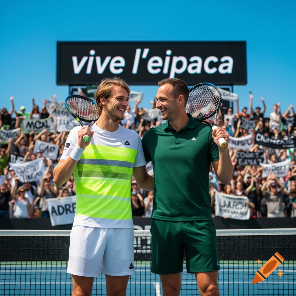 Two smiling male tennis players, Sacha Zverev and Nicolas Debenne, stand on a court in front of a cheering crowd and a sign that says 'vive l'eipaca'.
