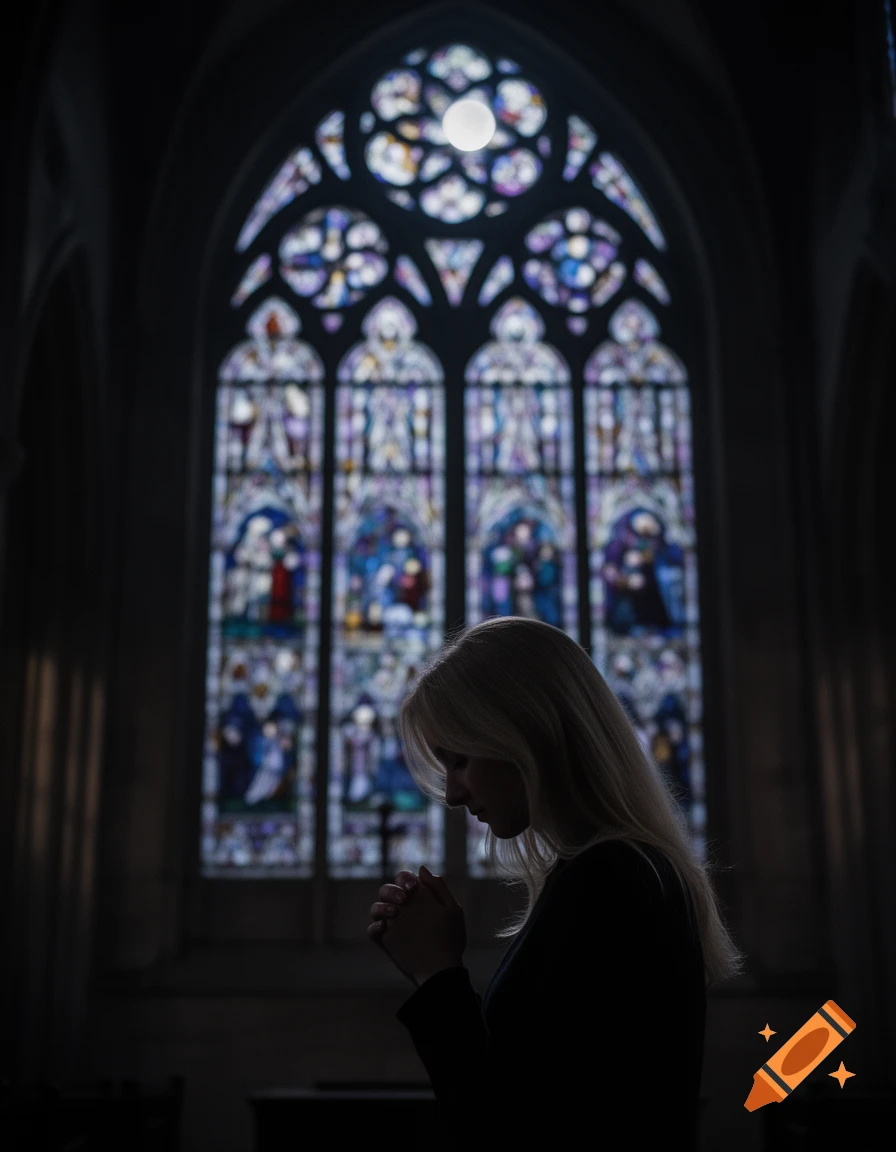 Silhouetted blonde woman praying in a dark church, illuminated by a vibrant stained glass window.