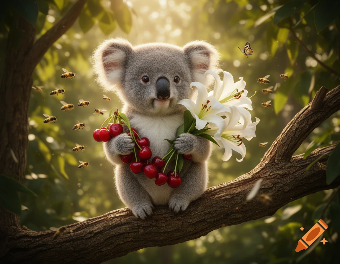 A cute baby koala sits on a tree branch in a sunny forest, holding white lilies and red cherries, with bees and a butterfly flying around.