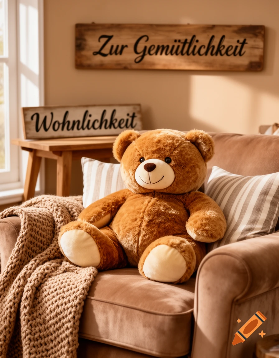 A large brown teddy bear sits on a brown velvet couch with a knitted blanket and striped pillows, under wooden signs on a wall.