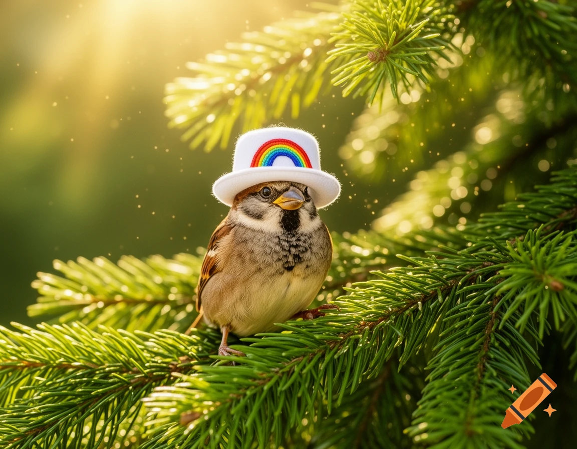 A photorealistic sparrow wearing a white hat with a rainbow, perched on a deep green spruce tree with golden sunlight and glitter.