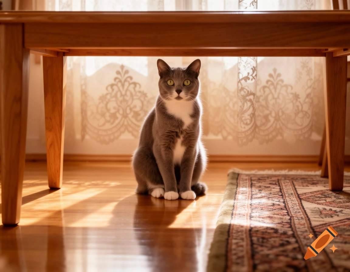 A photorealistic image of a grey and white cat sitting under a wooden table on a sunny wooden floor, looking forward.