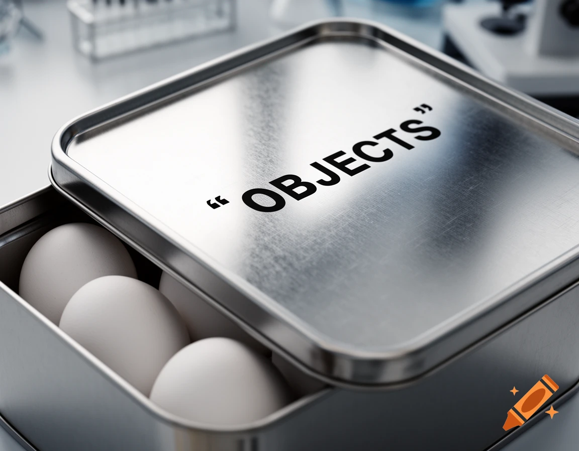 A slightly open brushed metal egg carton tin revealing white eggs inside, with the word "OBJECTS" on the lid, in a photorealistic, clinical style.