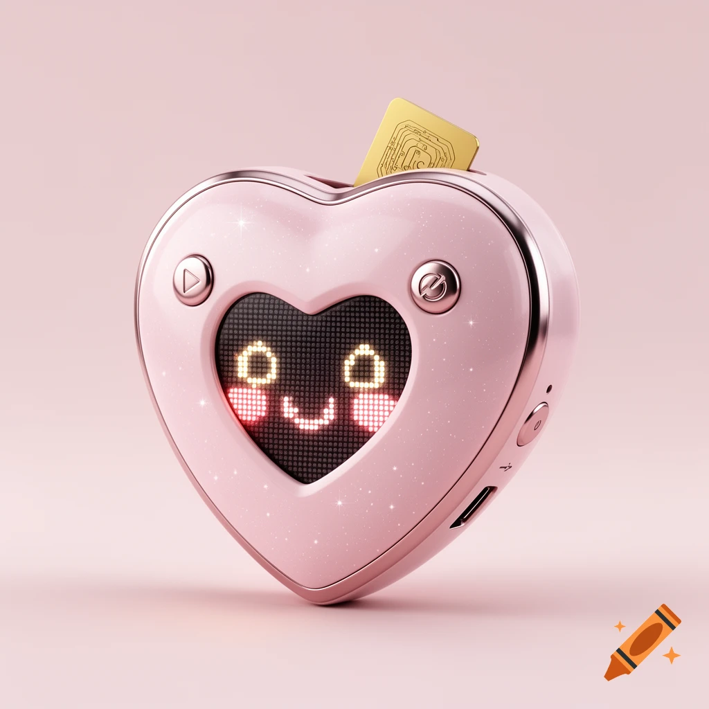 A glittery, light pink heart-shaped electronic device with a smiling pixelated face on an LED screen, featuring buttons and a gold card inserted at the top.