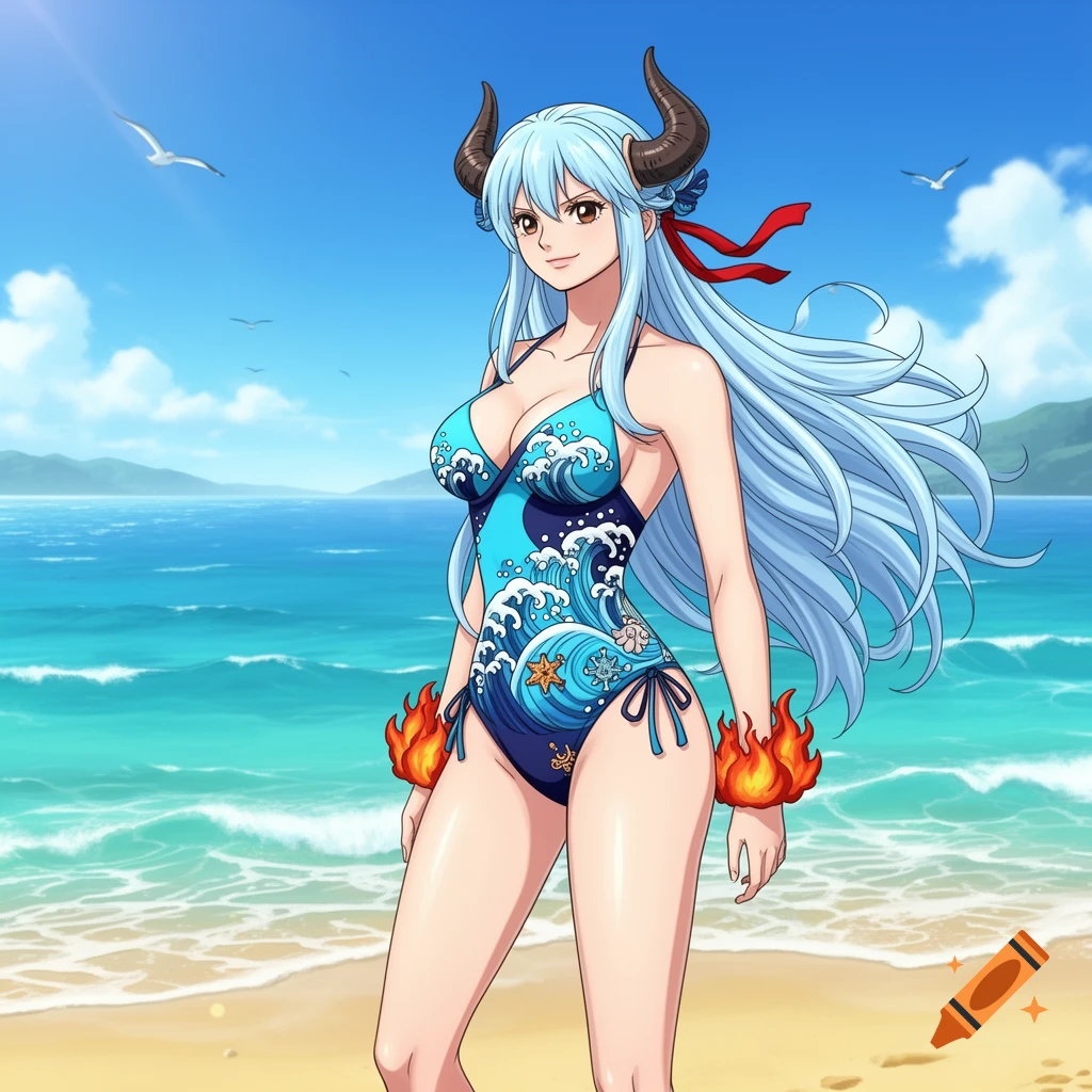 Anime character Yamato in a blue swimsuit with wave patterns, standing on a sandy beach with ocean waves and seagulls.