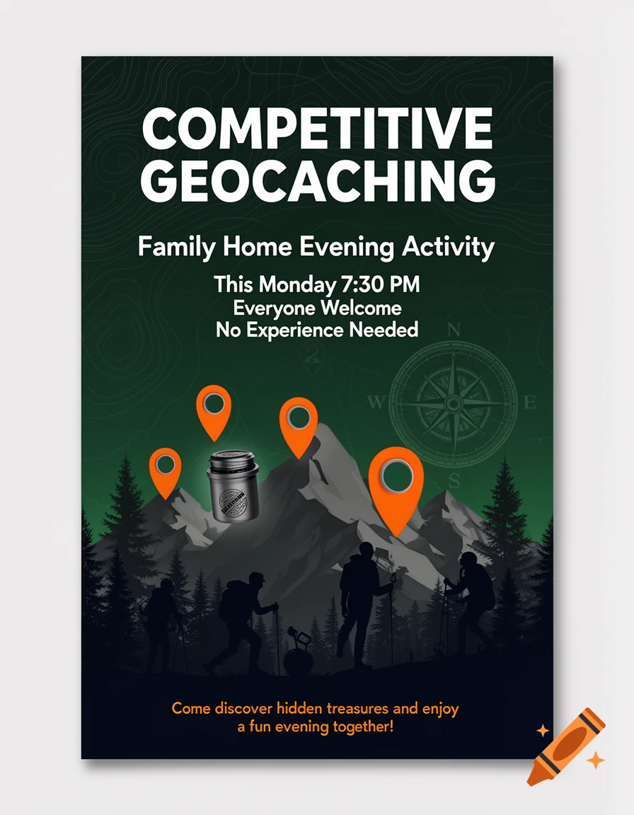 A modern digital flyer for a 'Competitive Geocaching Family Home Evening Activity' with hikers, mountains, GPS markers.