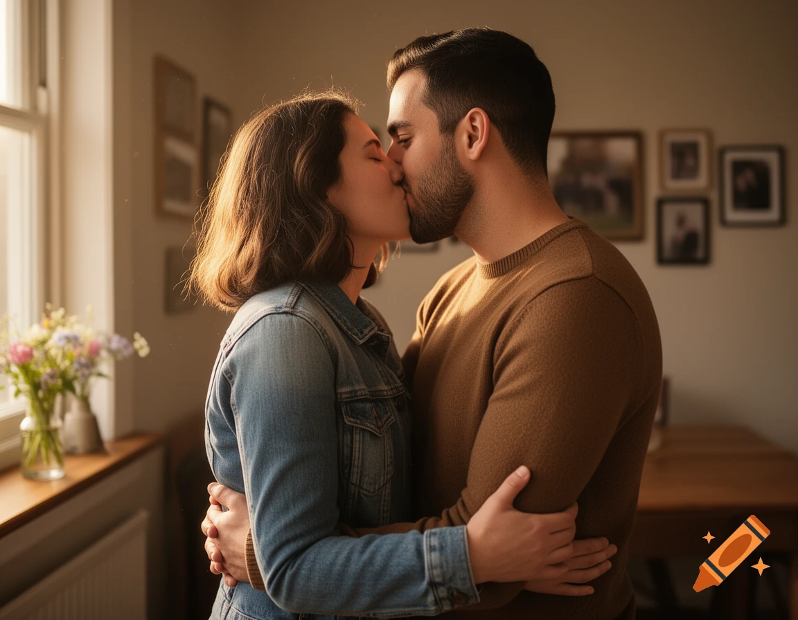 A man and a woman embracing and kissing in a warm, sunlit room.
