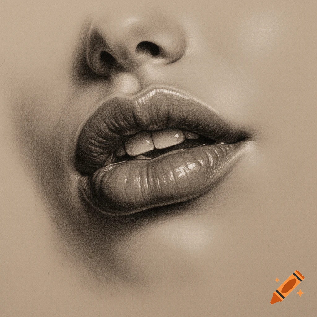 Close-up realistic pencil drawing of a woman's glossy lips and nose, her upper lip slightly biting the lower lip.