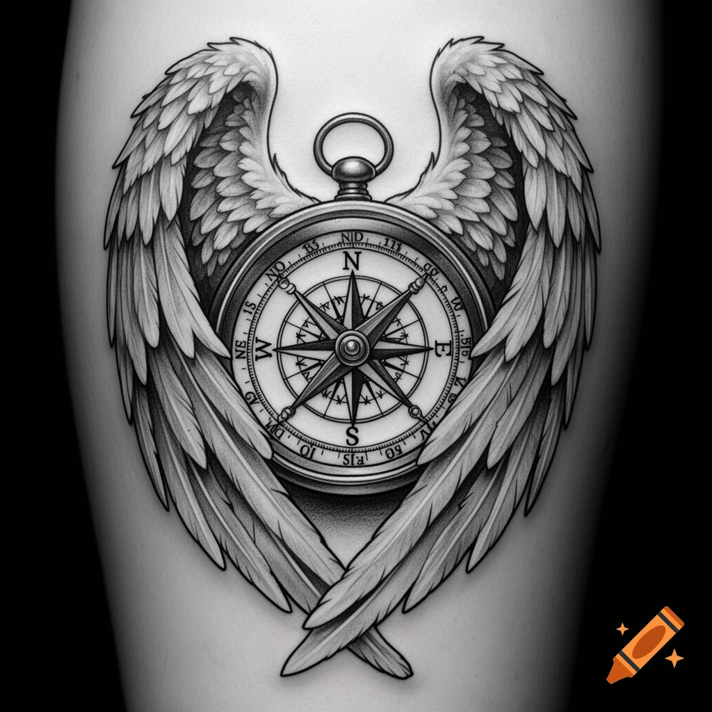 A black and white tattoo design of a compass with a prominent compass rose, enveloped by detailed angel wings.