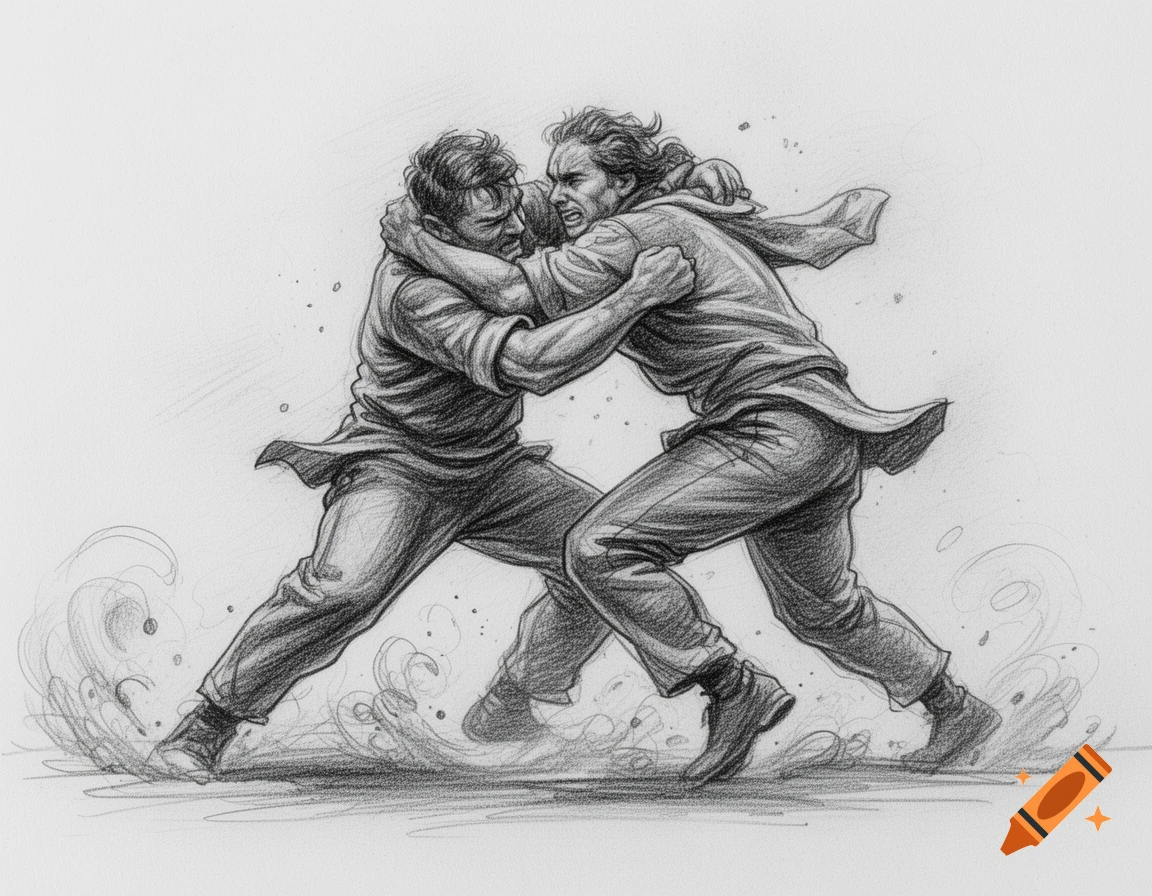 Pencil drawing of two men fiercely brawling, with dust swirling around their feet.