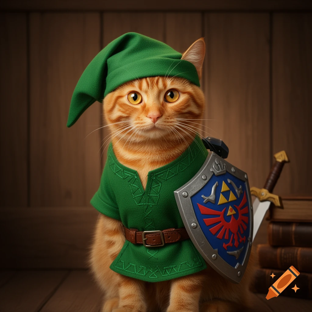 A photorealistic orange cat dressed as Link from The Legend of Zelda, wearing a green tunic, hat, and holding a shield and sword.