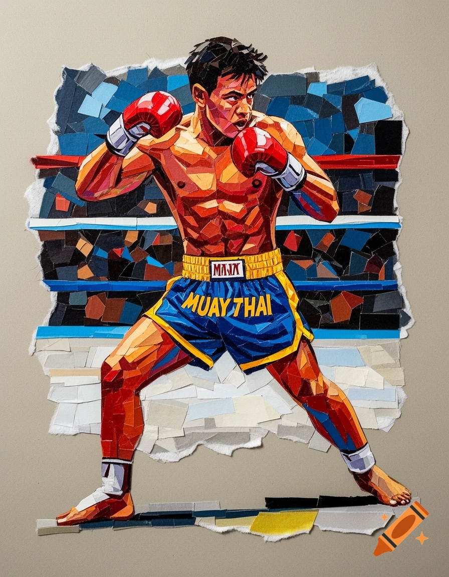 Collage art of a muscular male Muay Thai fighter in a fighting stance, wearing red gloves, blue shorts, and a gold belt with "MUAY THAI" text.