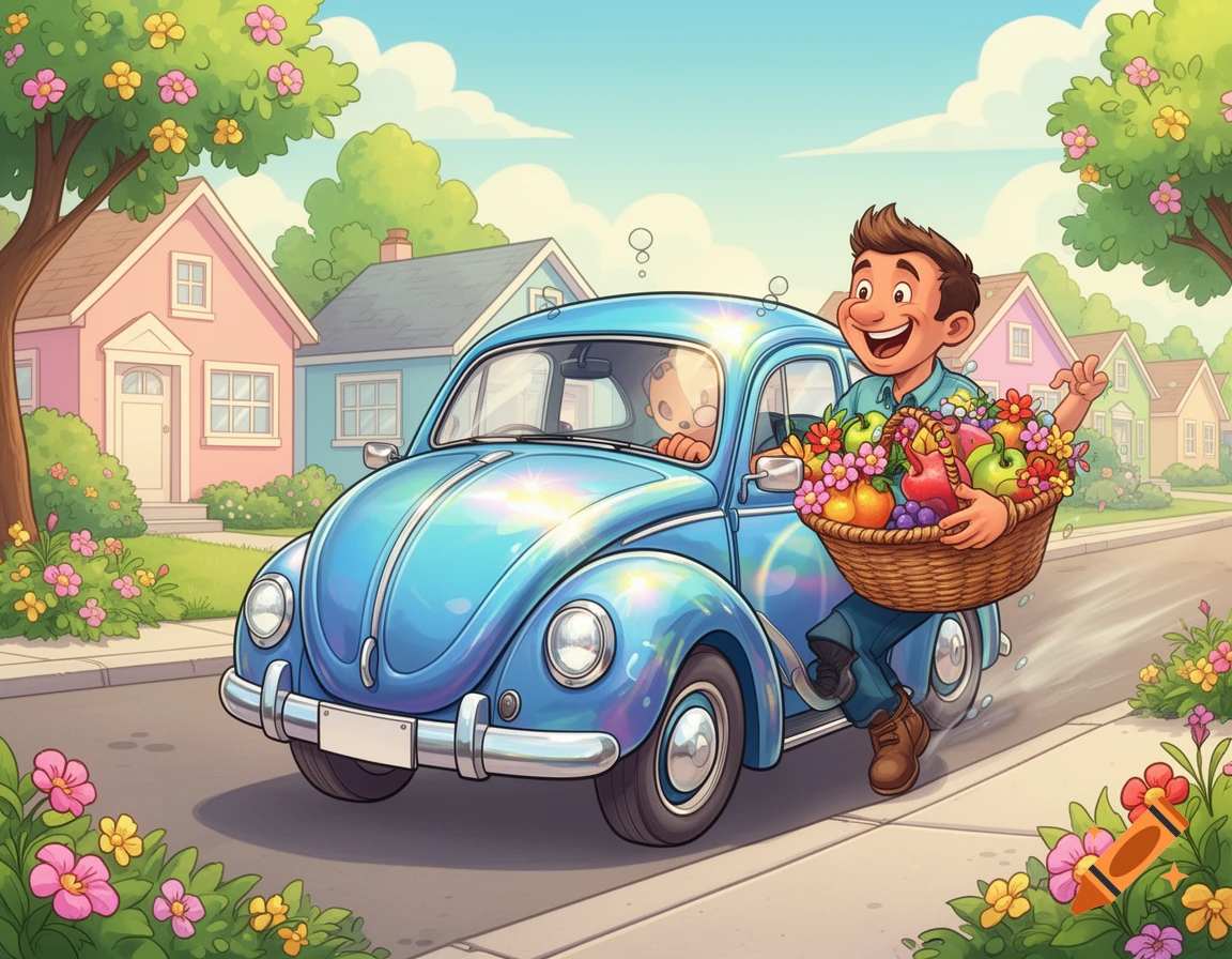 Joyful cartoon man exiting a blue car, holding a basket of fruits and flowers in a sunny suburban neighborhood.