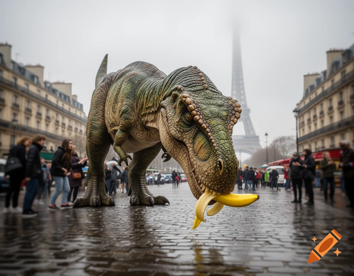 A giant photorealistic T-Rex eats a banana on a wet Parisian street with the Eiffel Tower in the misty background.