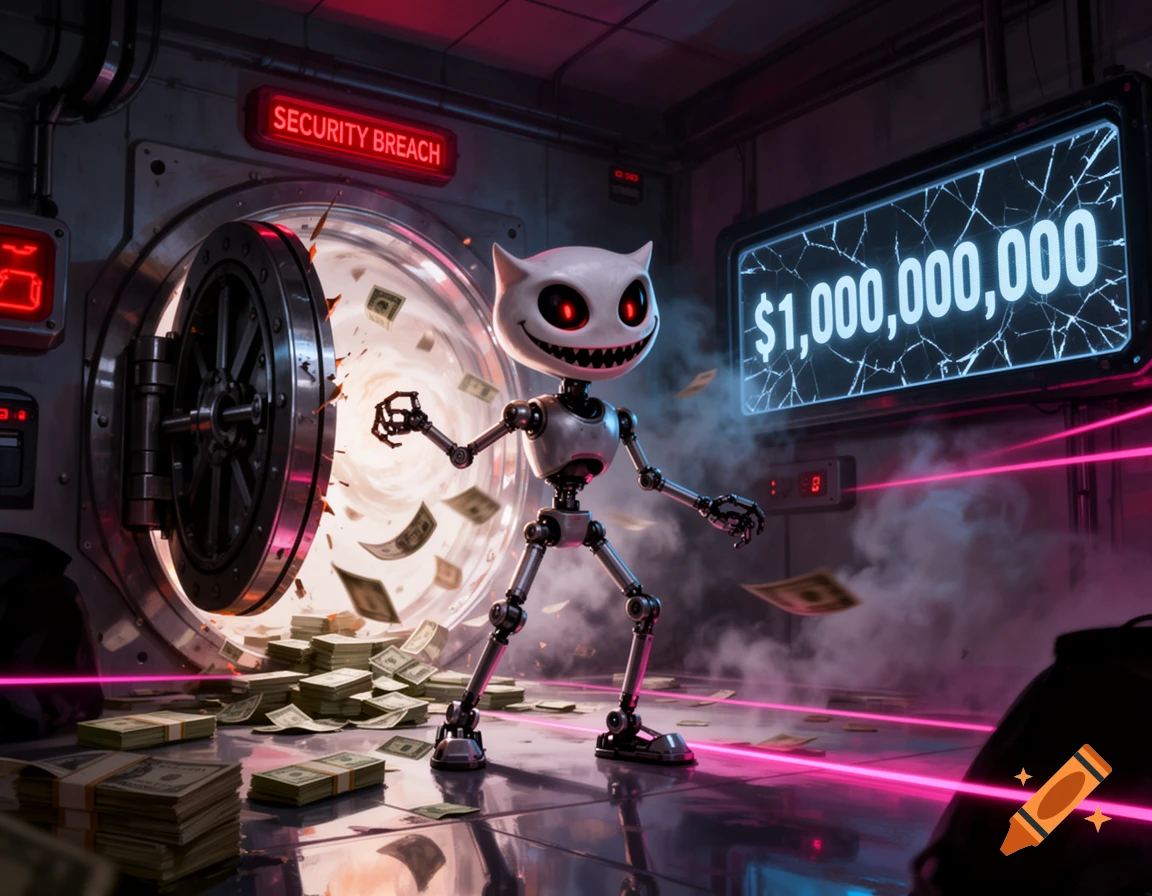 A cartoonish white robot with red eyes stands amidst piles of money in a futuristic bank vault with a "SECURITY BREACH" sign.