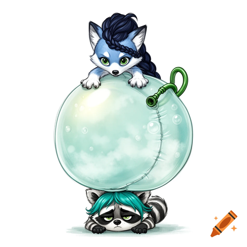 A cute blue fox-like creature on a giant translucent aqua balloon, which squishes a sulky raccoon underneath. Whimsical illustration.