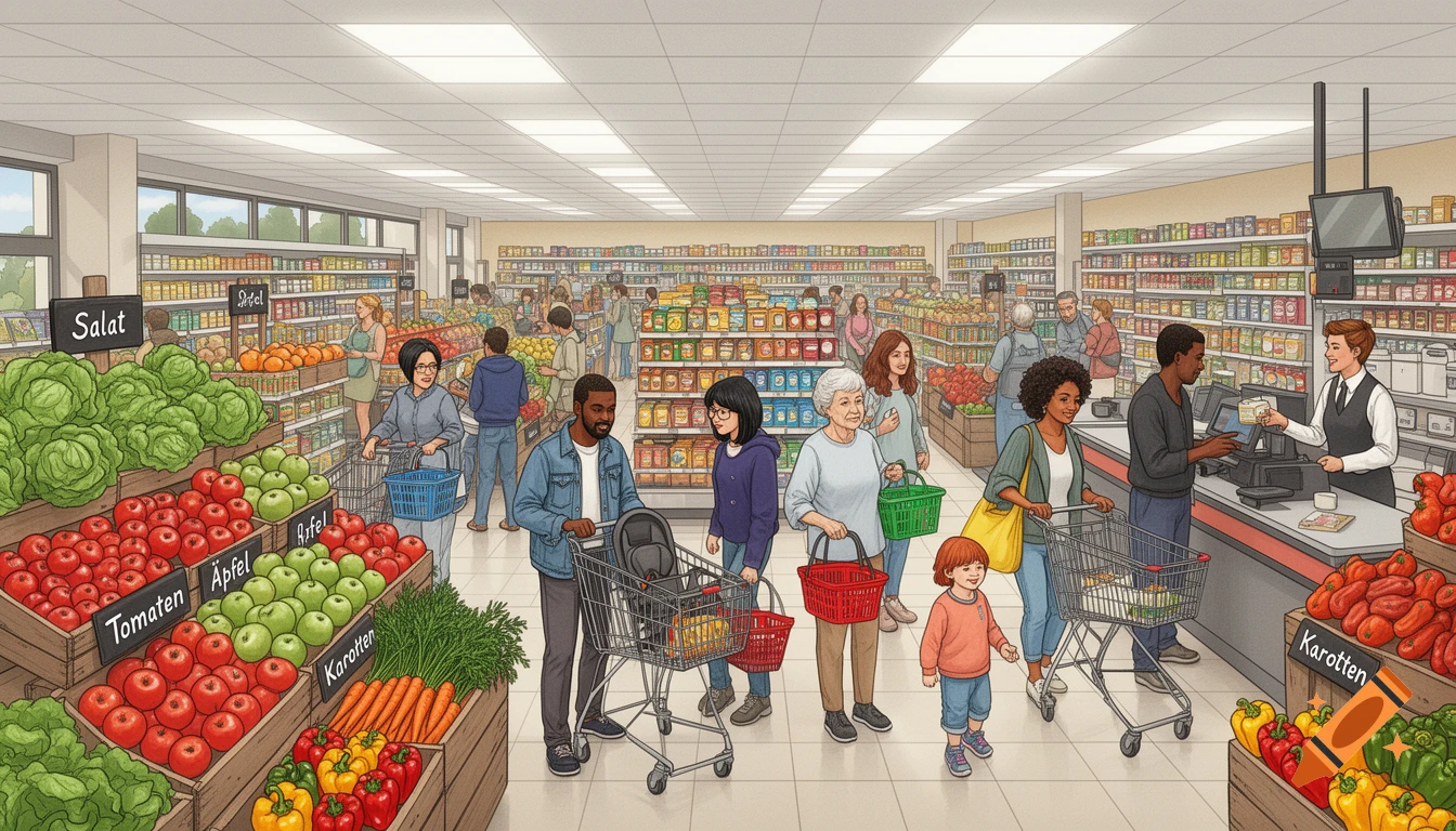 A detailed illustration of a busy supermarket interior with diverse people shopping for groceries in the produce section and at the checkout.