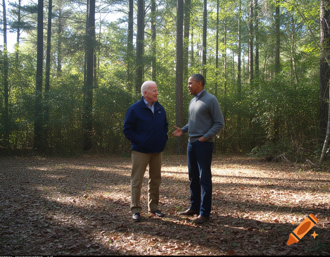 Joe Biden and Barack Obama stand talking in a sun-dappled forest, appearing like trailcam footage.