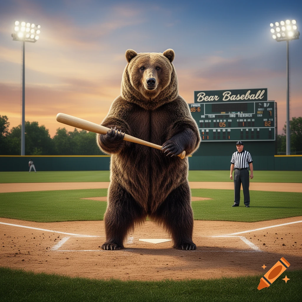 A large brown bear stands on home plate on a baseball field, holding a bat. An umpire and a scoreboard are in the background.