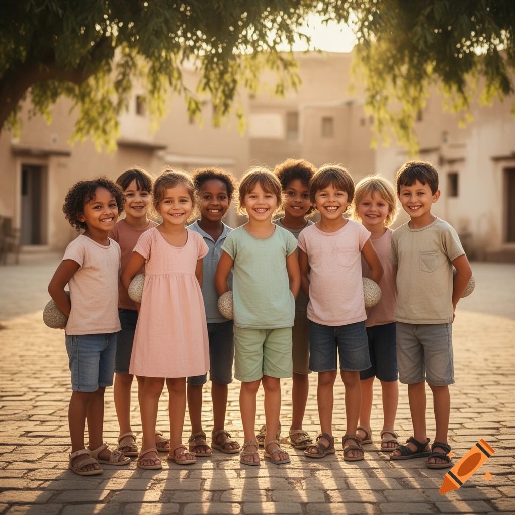 A group of diverse children stands smiling on a cobblestone street at sunset, holding smooth, light-colored objects behind their backs.