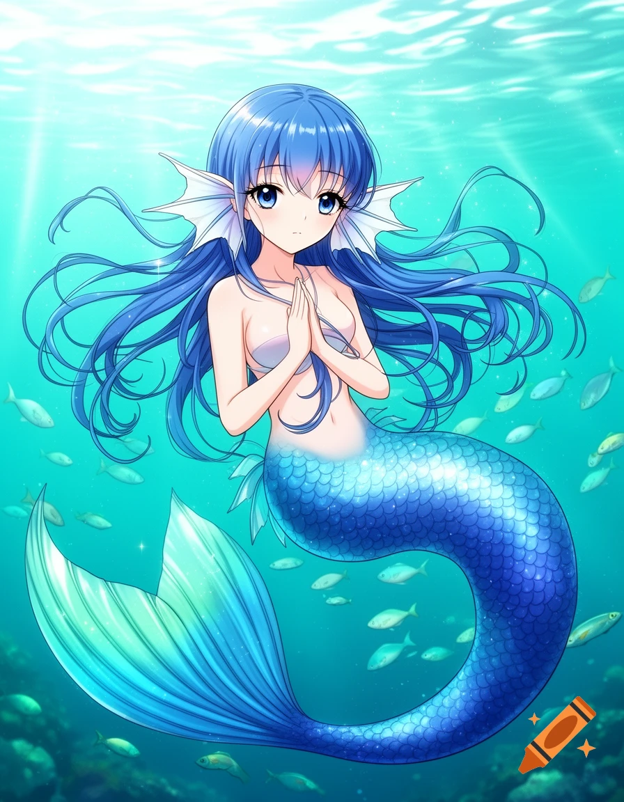 A beautiful anime mermaid with long blue hair and a blue-green tail, with fin-like ears and eyelashes, swims underwater with fish.
