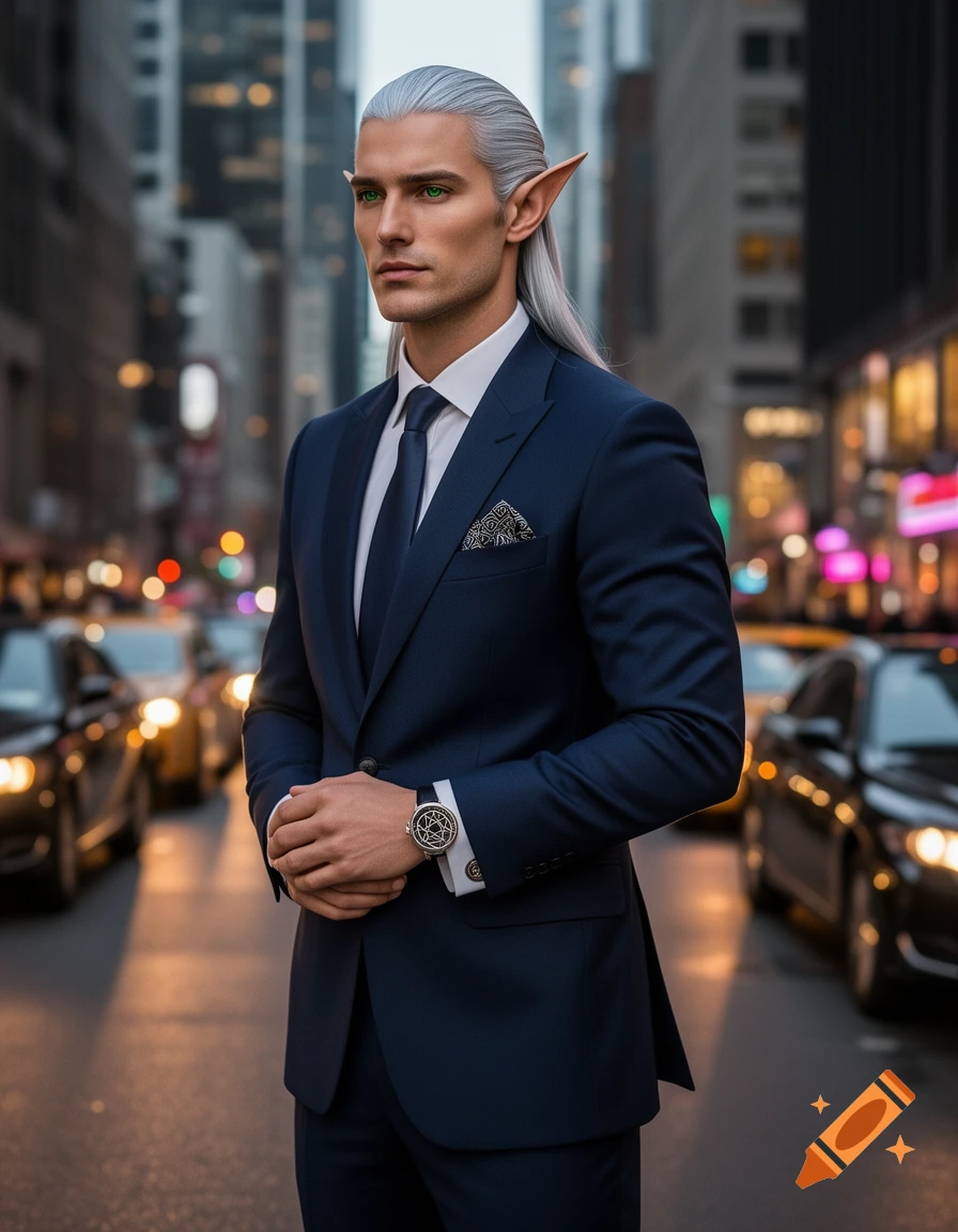 A photorealistic elf-like man with silver hair, green eyes, and pointy ears stands in a dark blue business suit on a busy city street.