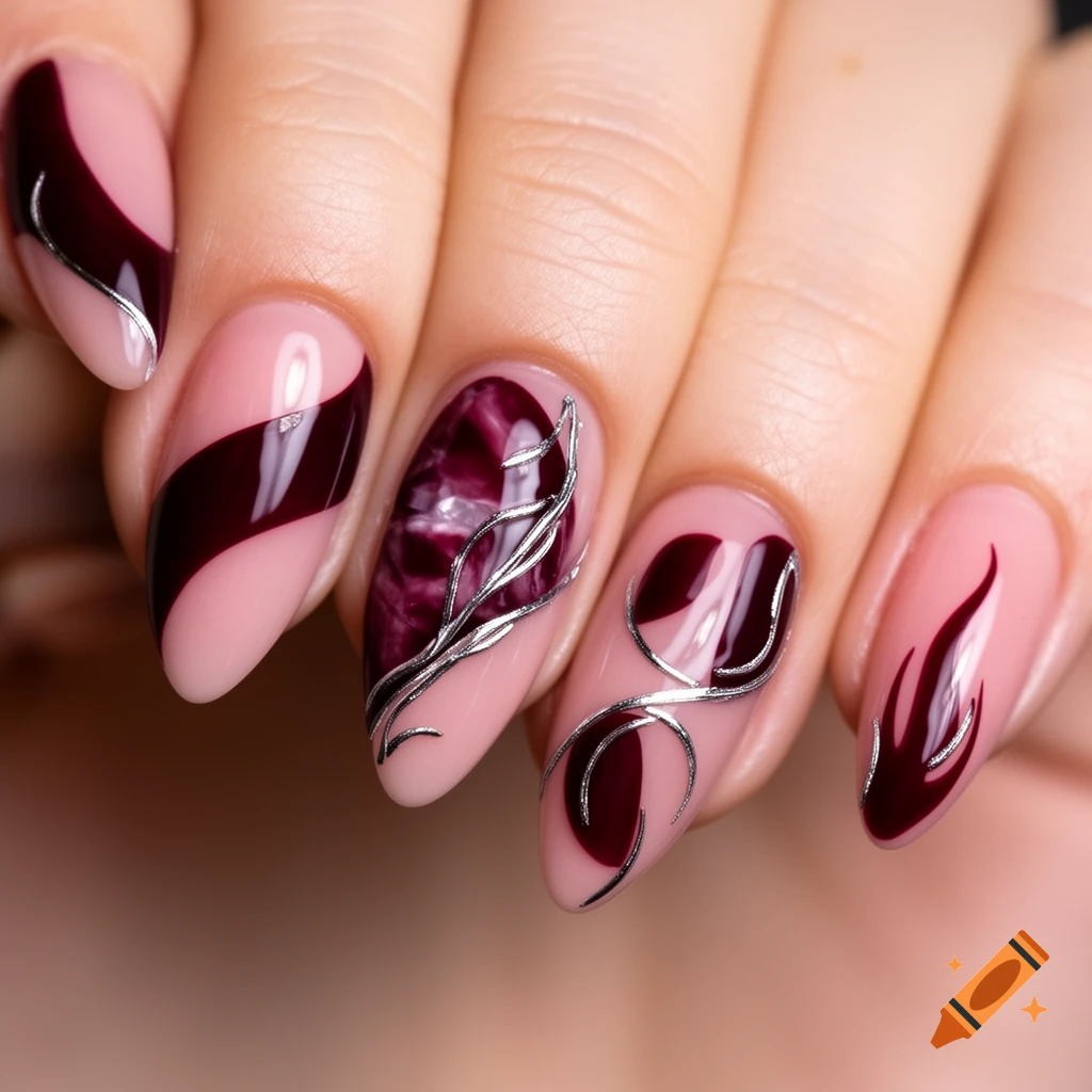 Close-up of elegant almond nails featuring dark burgundy shapes and flowing silver chrome lines on a nude pink base.
