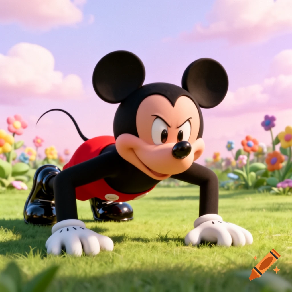 Mickey Mouse in a stylized 3D render, doing a push-up in a vibrant green field with colorful flowers under a pink sky.