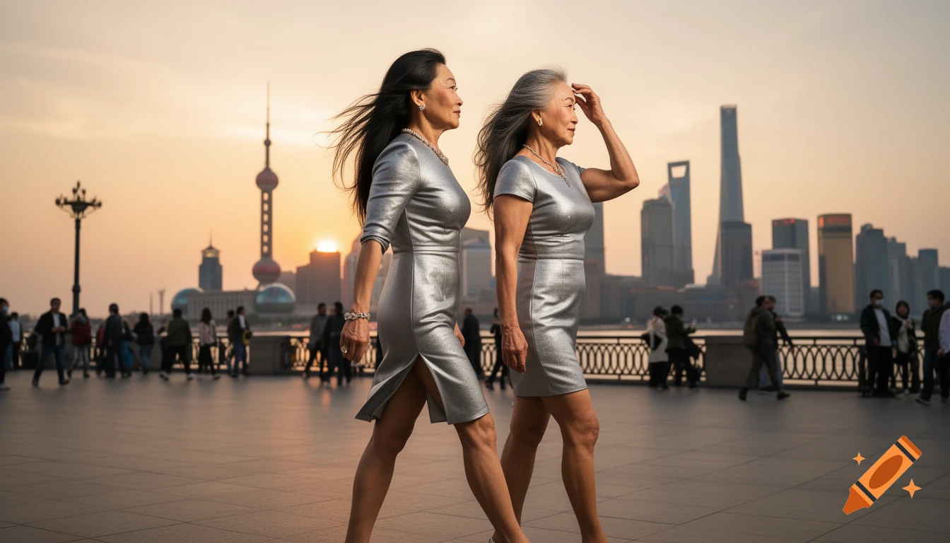 Two elegant older Asian women in silver dresses walk confidently along a Shanghai promenade at sunset, with skyscrapers in the background.