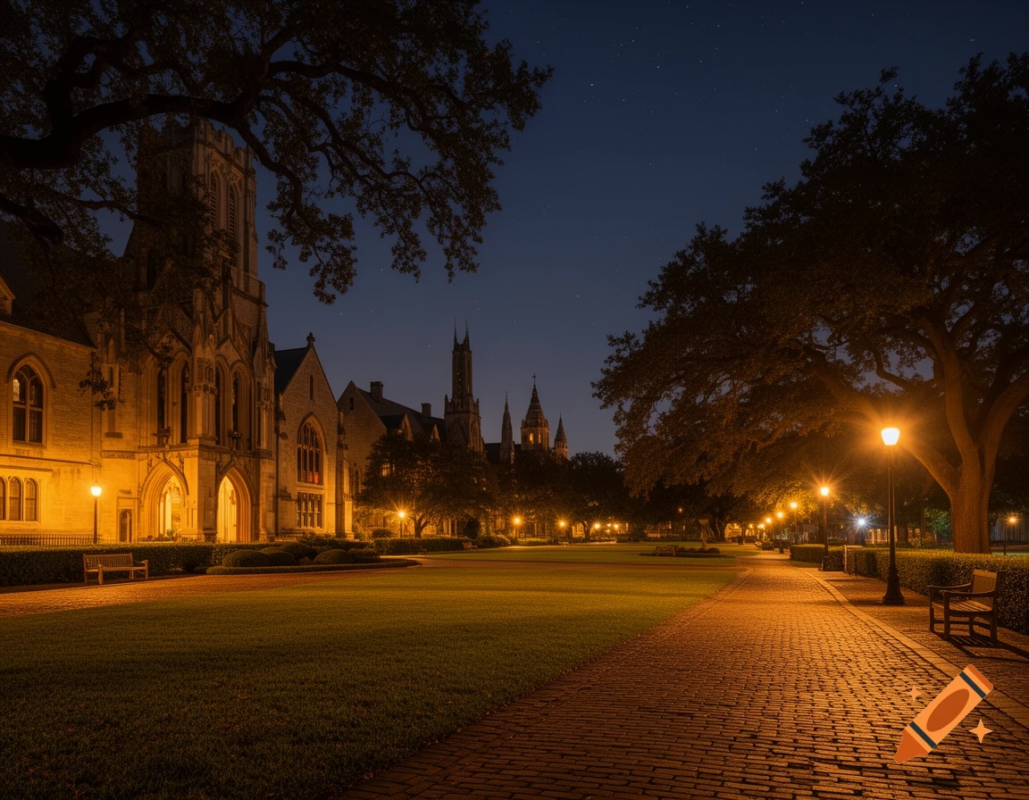 A serene college campus at night, with illuminated Gothic-style buildings, a brick pathway, and mature trees under a star-dotted sky.
