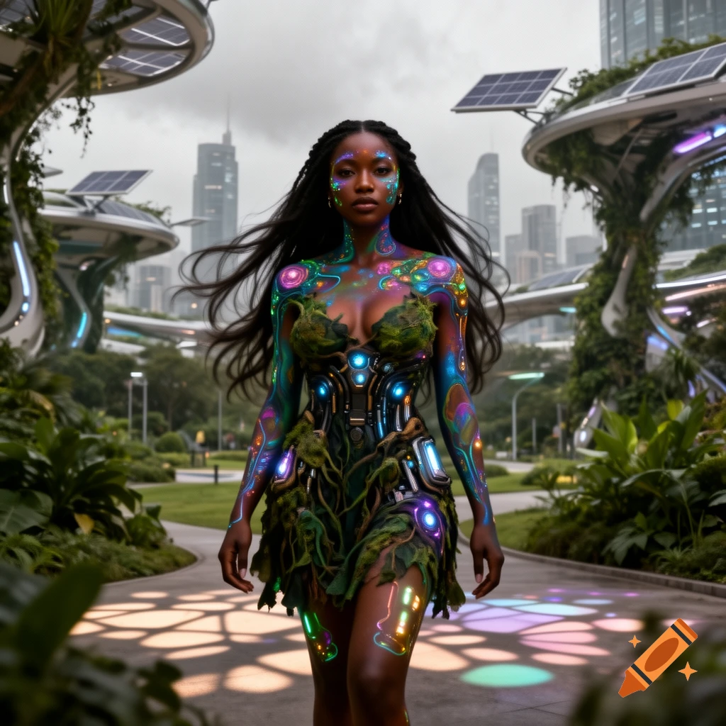 A woman with long flowing hair and glowing body paint wears a short dress made of leaves and tech in a futuristic city park with solar panels.
