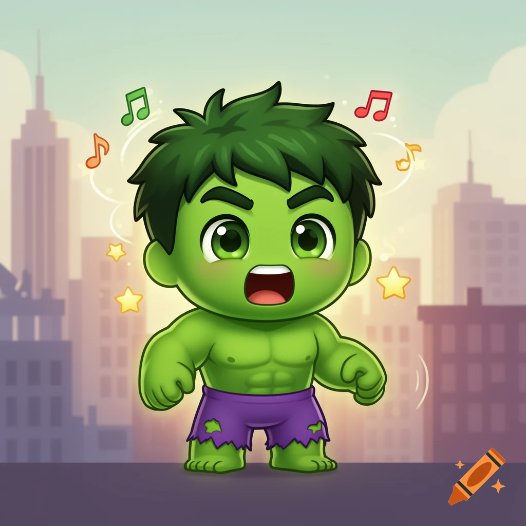 Cute, chibi-style Hulk with musical notes and stars floating around his head, in a cityscape background.