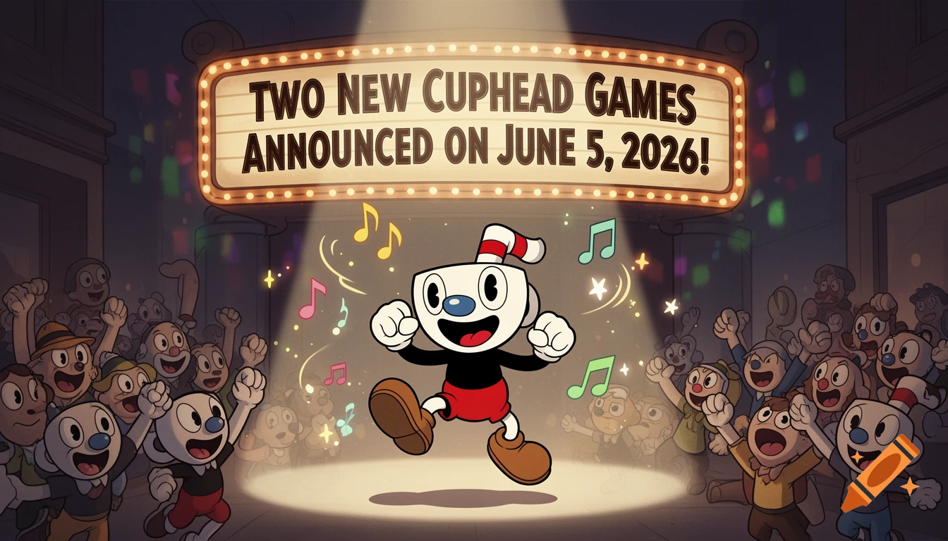 Cuphead jumps on a stage under a spotlight, surrounded by a cheering cartoon crowd, below a marquee announcing "TWO NEW CUPHEAD GAMES ANNOUNCED ON JUNE 5, 2026!".