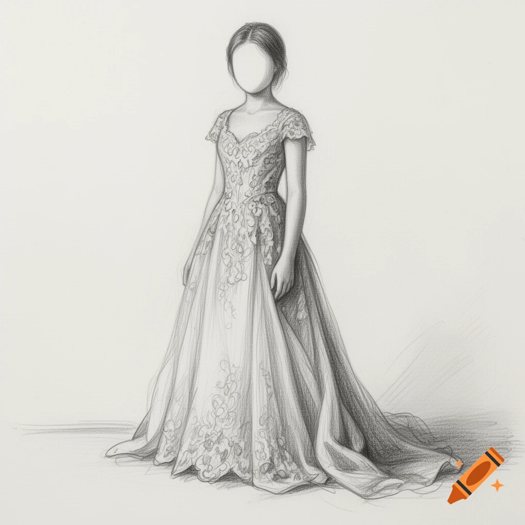Pencil drawing of a faceless girl in a detailed, long, elaborate dress with short sleeves.