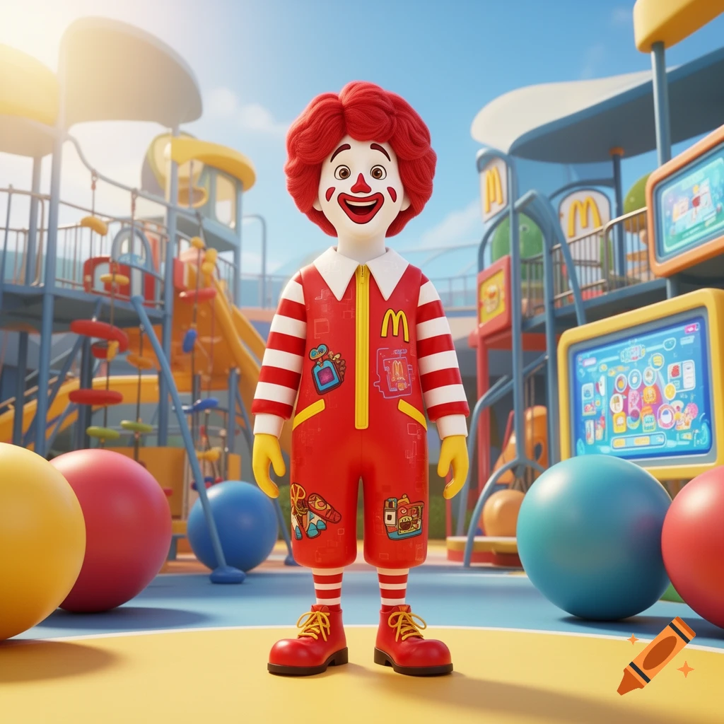 A 3D animated Ronald McDonald with red hair and a red and white striped jumpsuit stands smiling in a colorful playground.