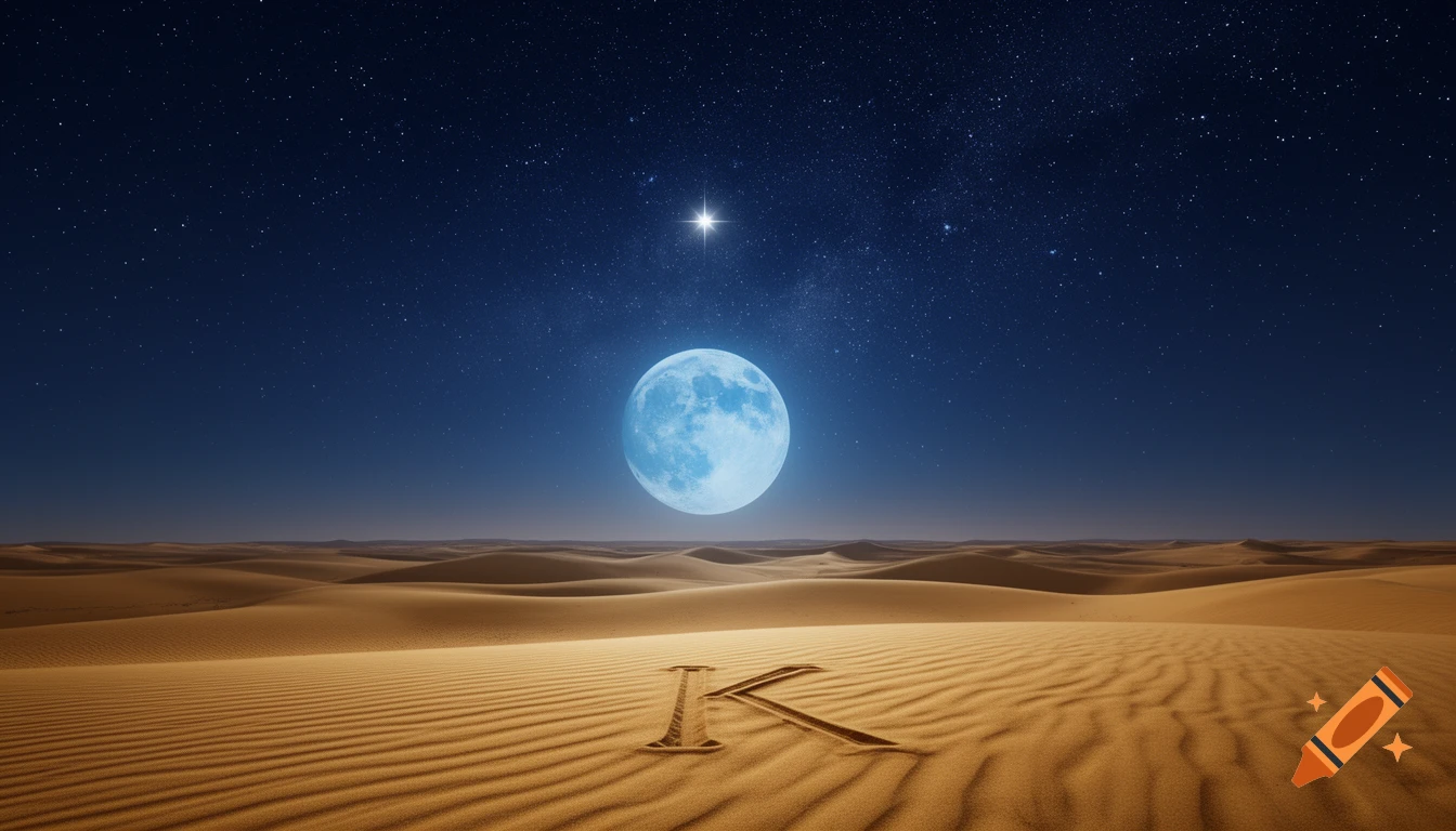 Photorealistic desert landscape at night with a blue full moon, bright star, and a subtle 'K' inscribed in golden sand dunes.