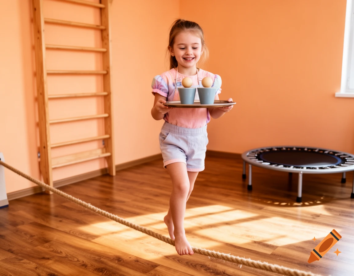 A smiling young girl balances barefoot on a rope, holding a tray with two cups and balls, in a room with a wall bar and a trampoline.