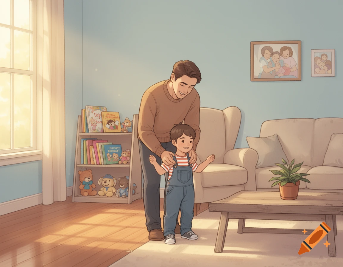 Cartoon illustration of a father helping his young child learn to walk in a sunny living room.