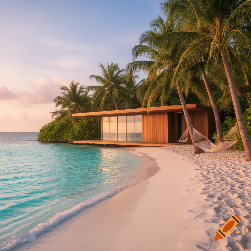A modern wooden house with large windows sits on a pristine white sand beach with turquoise water and palm trees at sunset.