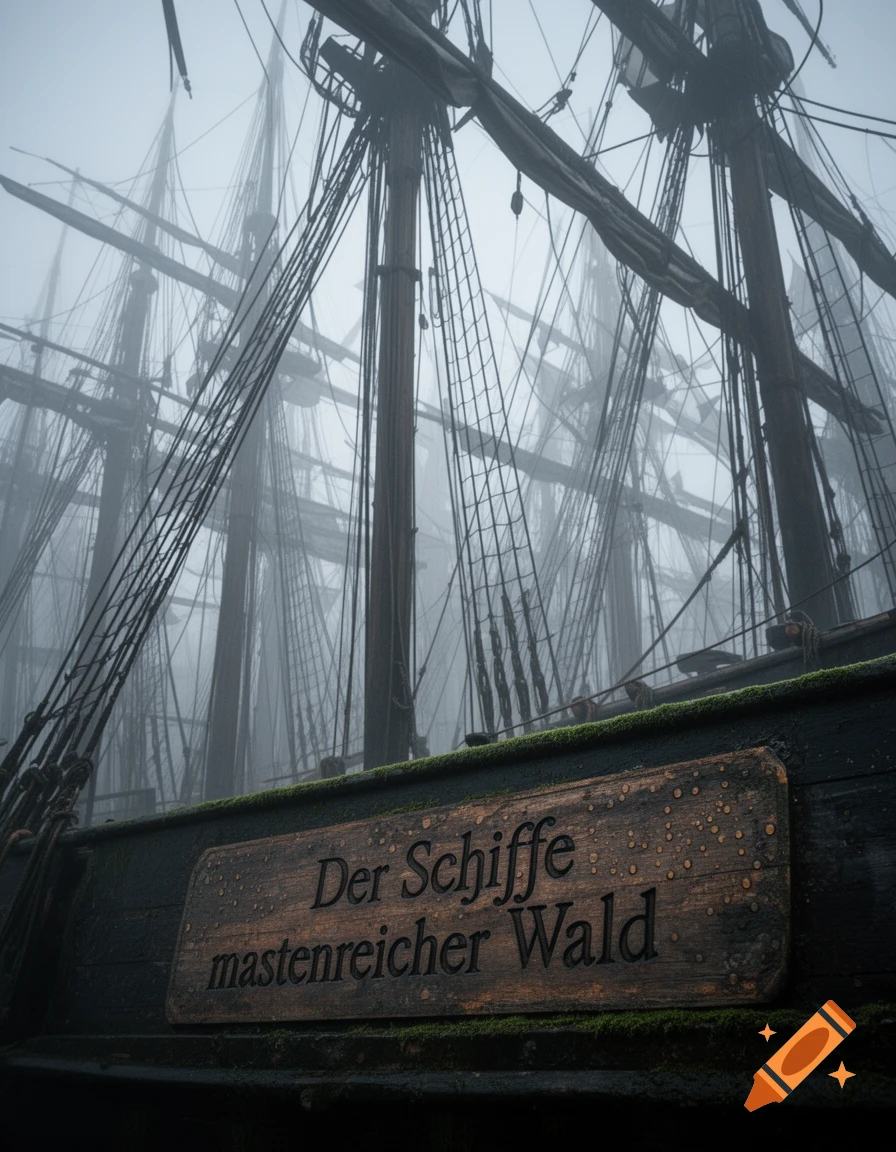 A moody, foggy scene with the intricate masts and rigging of several tall ships. A wooden plaque on the ship's hull reads 'Der Schiffe mastenreicher Wald'.