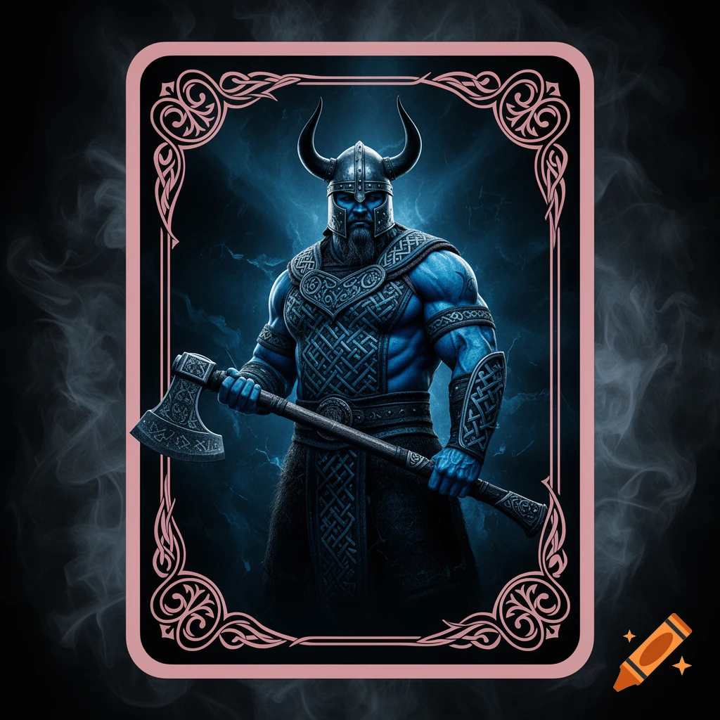 Blue-skinned Viking warrior with a horned helmet and axe, standing in a decorative frame.