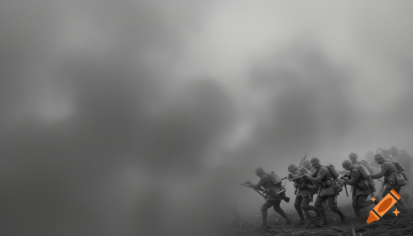 Photorealistic black and white image of soldiers running through dense smoke on a battlefield.