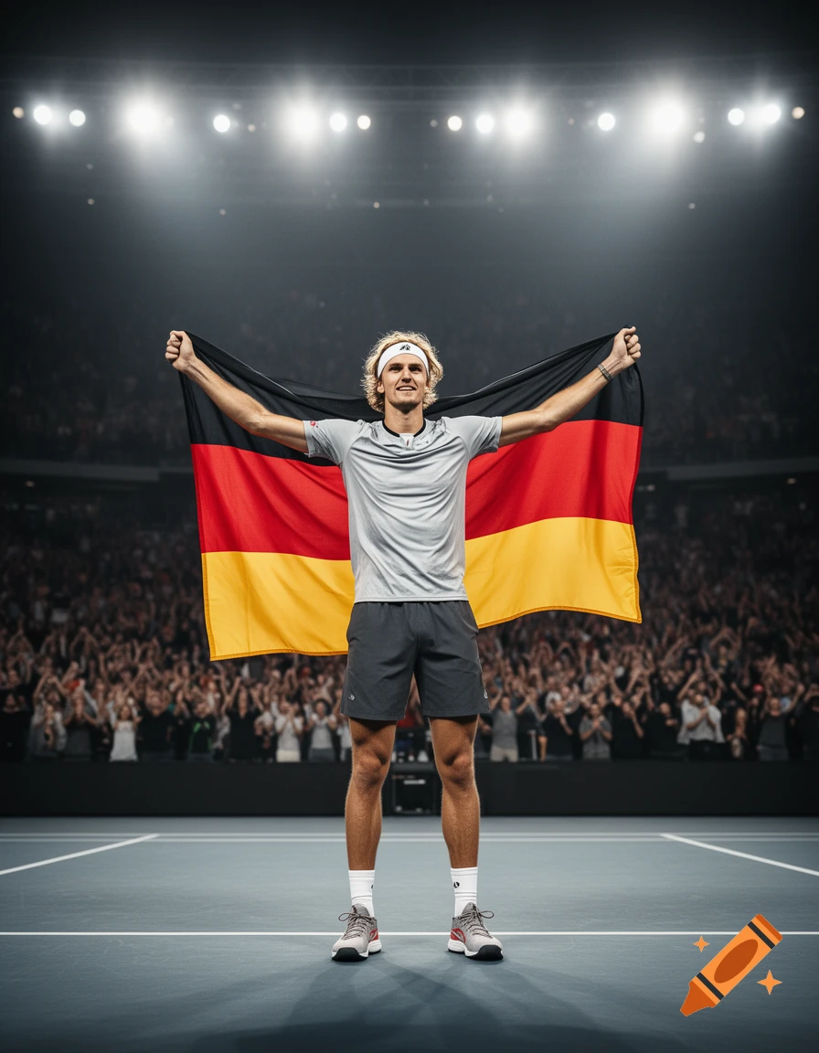 A male tennis player, Alexander Zverev, stands on a court holding a German flag with arms outstretched in a stadium with a cheering crowd.