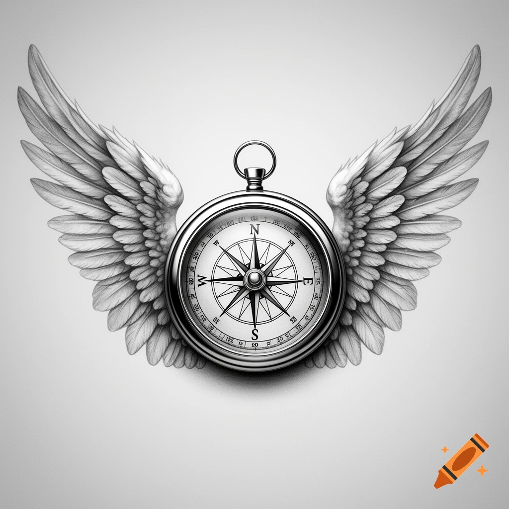 A black and white realistic tattoo design of a compass with large angel wings.