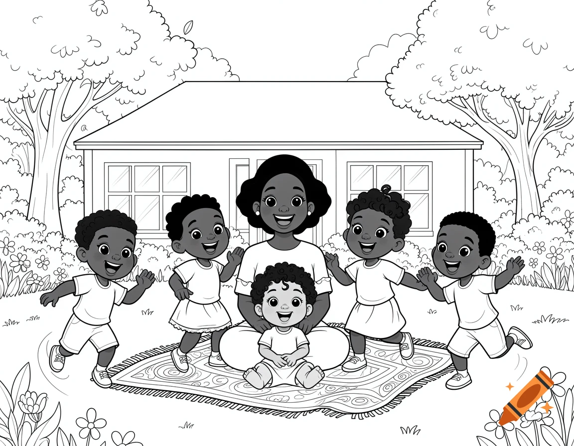 Coloring book illustration of a happy Black mother with five children in a garden outside a house.