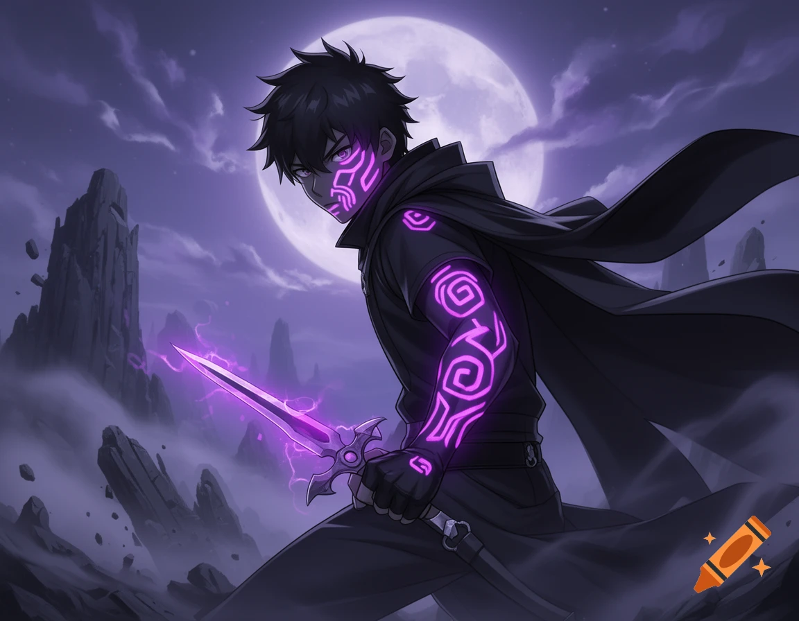 Anime shadow assassin with glowing purple marks on face and arm, holding a glowing purple sword under a full moon in a dark, rocky landscape.